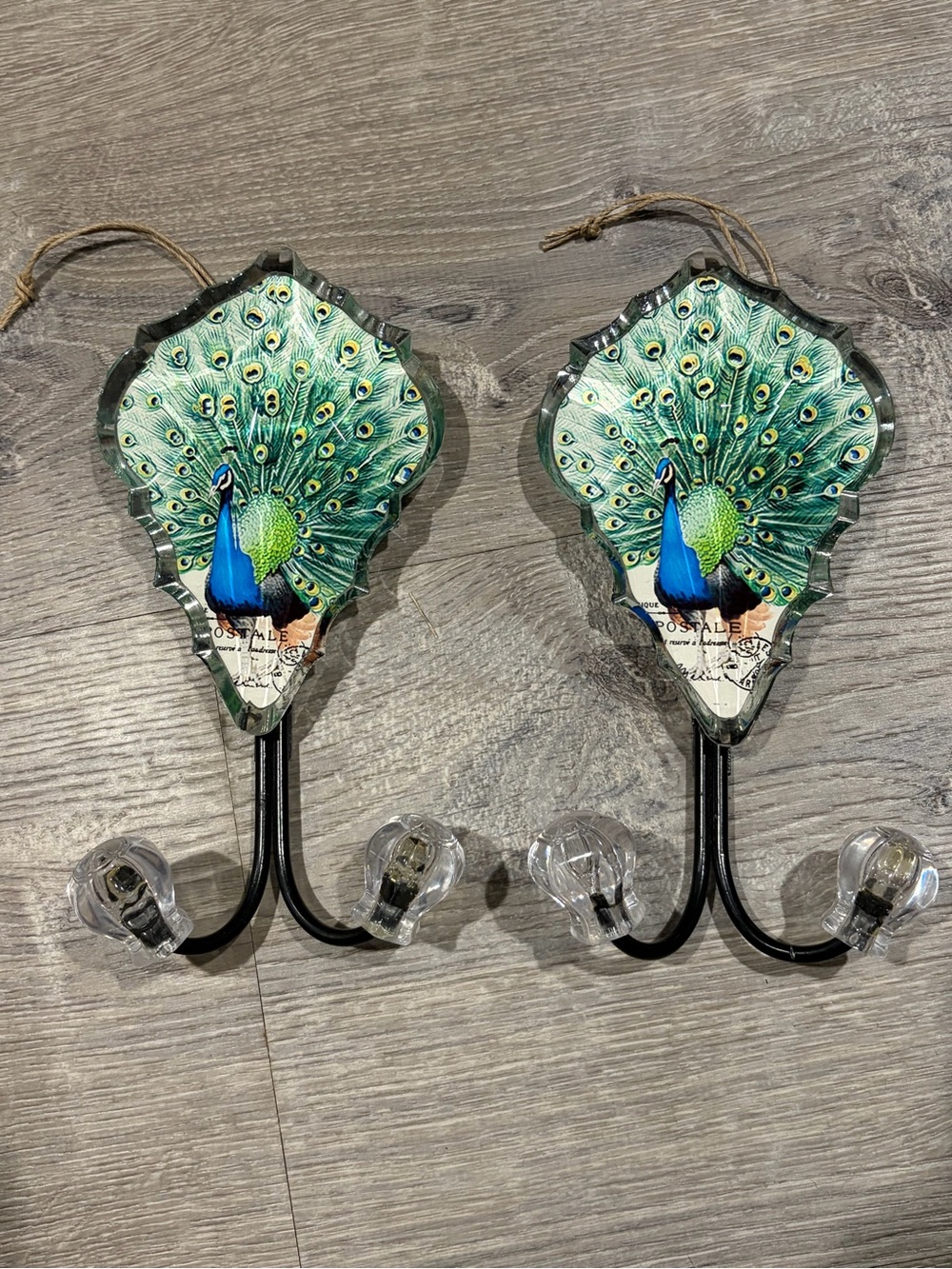 Pair of Pier 1 Peacock Large Double Wall Hook Faceted Acrylic 8 1/4”- Set of 2